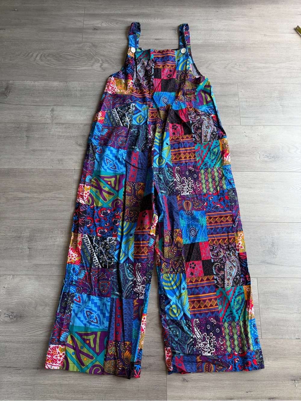 Multicolor Boho Patchwork Wide-Leg Jumpsuit - size medium